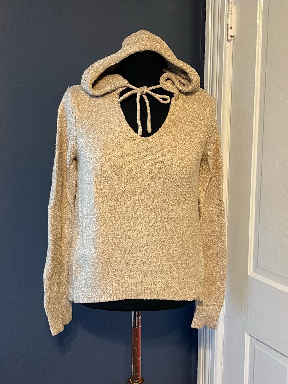 Crave Fame Cream Hooded Tie-Neck Sweater